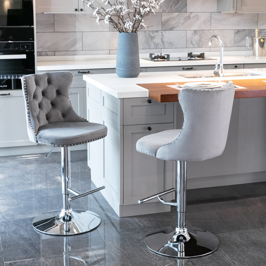 A&A Furniture,Swivel Velvet Barstools Adjusatble Seat Height from 25-33 Inch, Modern Upholstered Chrome base Bar Stools with Backs Comfortable Tufted for Home Pub and Kitchen Island（Gray,Set of 2） - Grand Goldman Shop