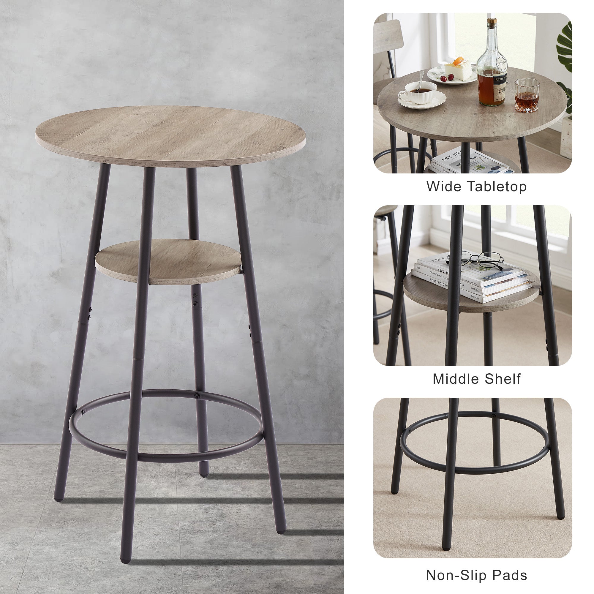 Round bar stool set with shelf, upholstered stool with backrest Grey, 23.62'' W x 23.62'' D x 35.43'' H. - Grand Goldman Shop