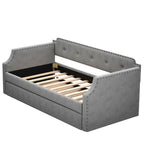 Gray Upholstered Daybed with Trundle, Twin, Wood Slat Support, Linen Fabric Frame Sofa Bed - Grand Goldman Shop