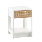 Modern Rattan End Table with Drawer, White MDF and Rattan, 15.75' Square - Grand Goldman Shop