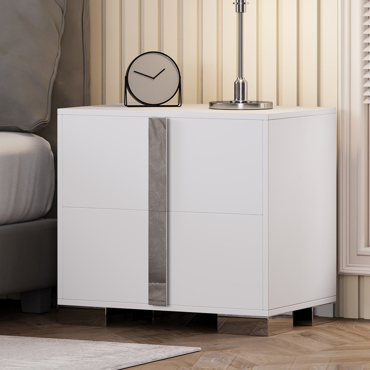 Modern End Table with Drawers, Elegant Nightstand with Metal Foot,Wood Bedside Table with Mirrored Metal Handles,Sofa Side End Table for Bedroom Living Room Office,White - Grand Goldman Shop
