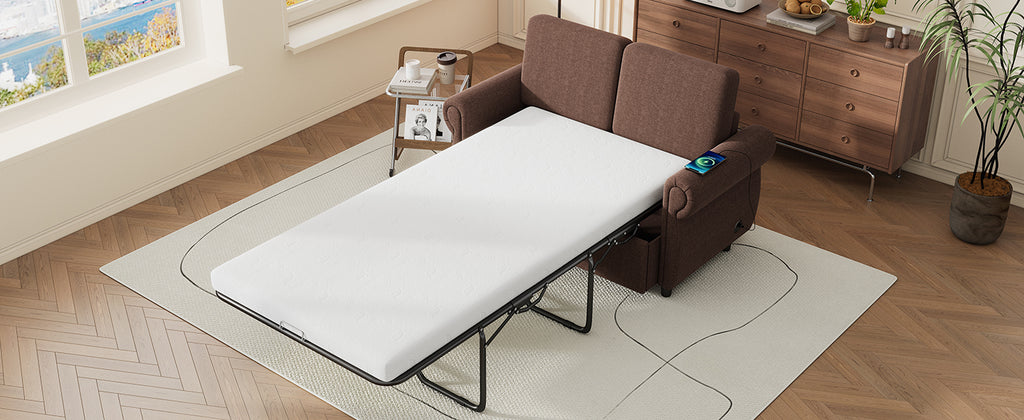 Orisfur Pull Out Sofa Bed Loveseat Sleeper with Twin Size Memory Mattress, USB Ports, Brown Linen, 57.9' - Grand Goldman Shop