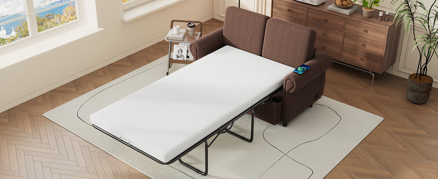 Orisfur Pull Out Sofa Bed Loveseat Sleeper with Twin Size Memory Mattress, USB Ports, Brown Linen, 57.9' - Grand Goldman Shop