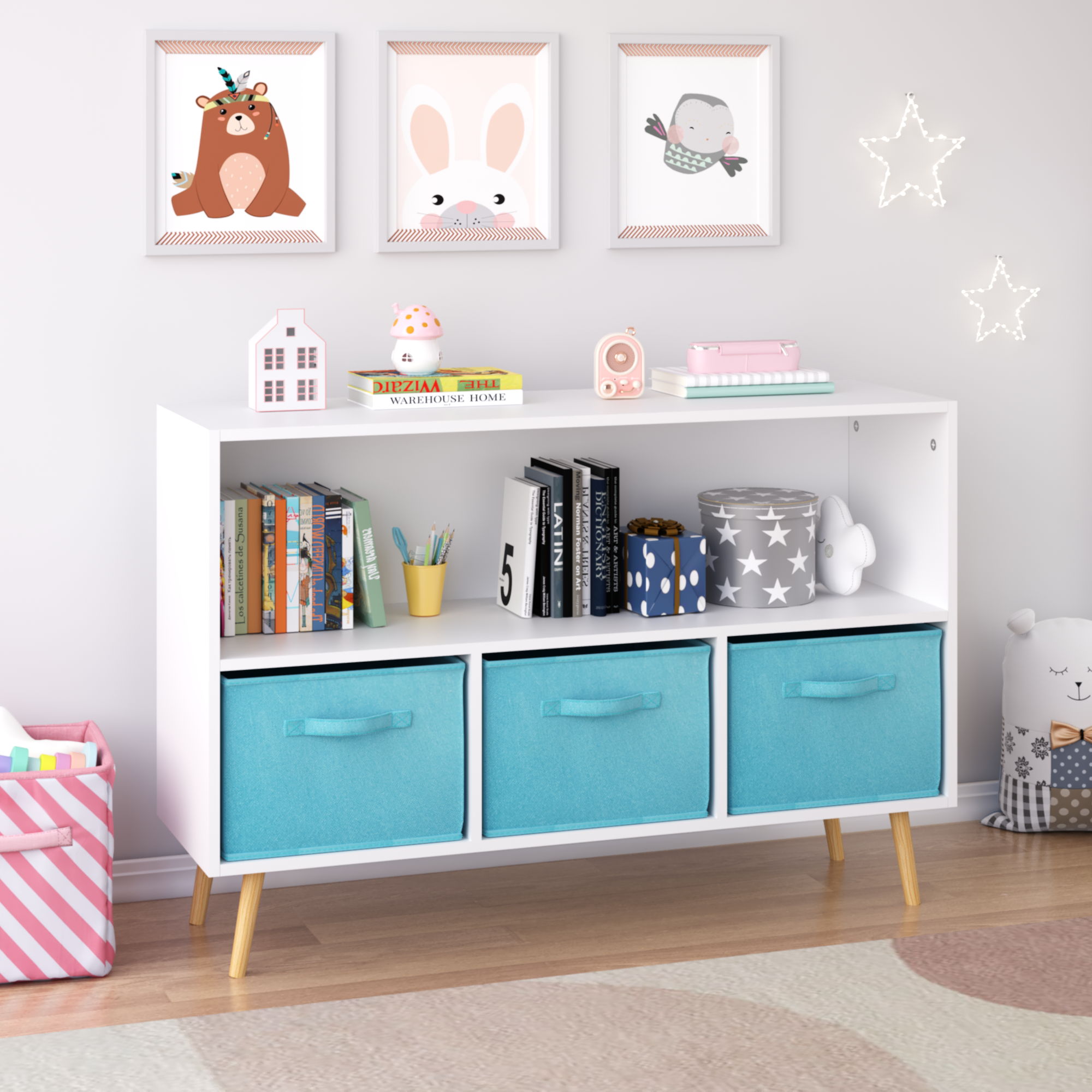 Kids bookcase with Collapsible Fabric Drawers, Children's Book Display, Toy Storage Cabinet Organizer, White/Blue - Grand Gol