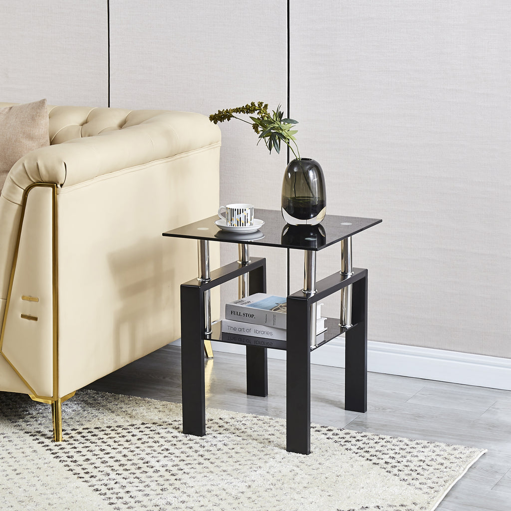 Modern 2-Piece Tempered Black Glass Sofa Table with Metal Legs for Living Room - Grand Goldman Shop