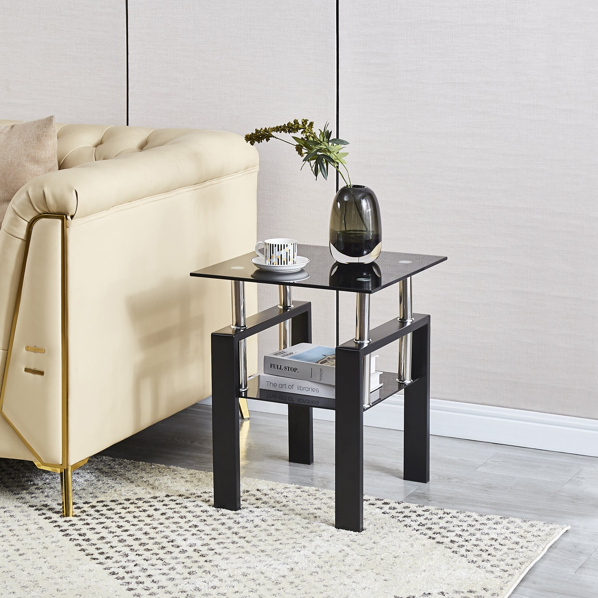 Modern 2-Piece Tempered Black Glass Sofa Table with Metal Legs for Living Room - Grand Goldman Shop