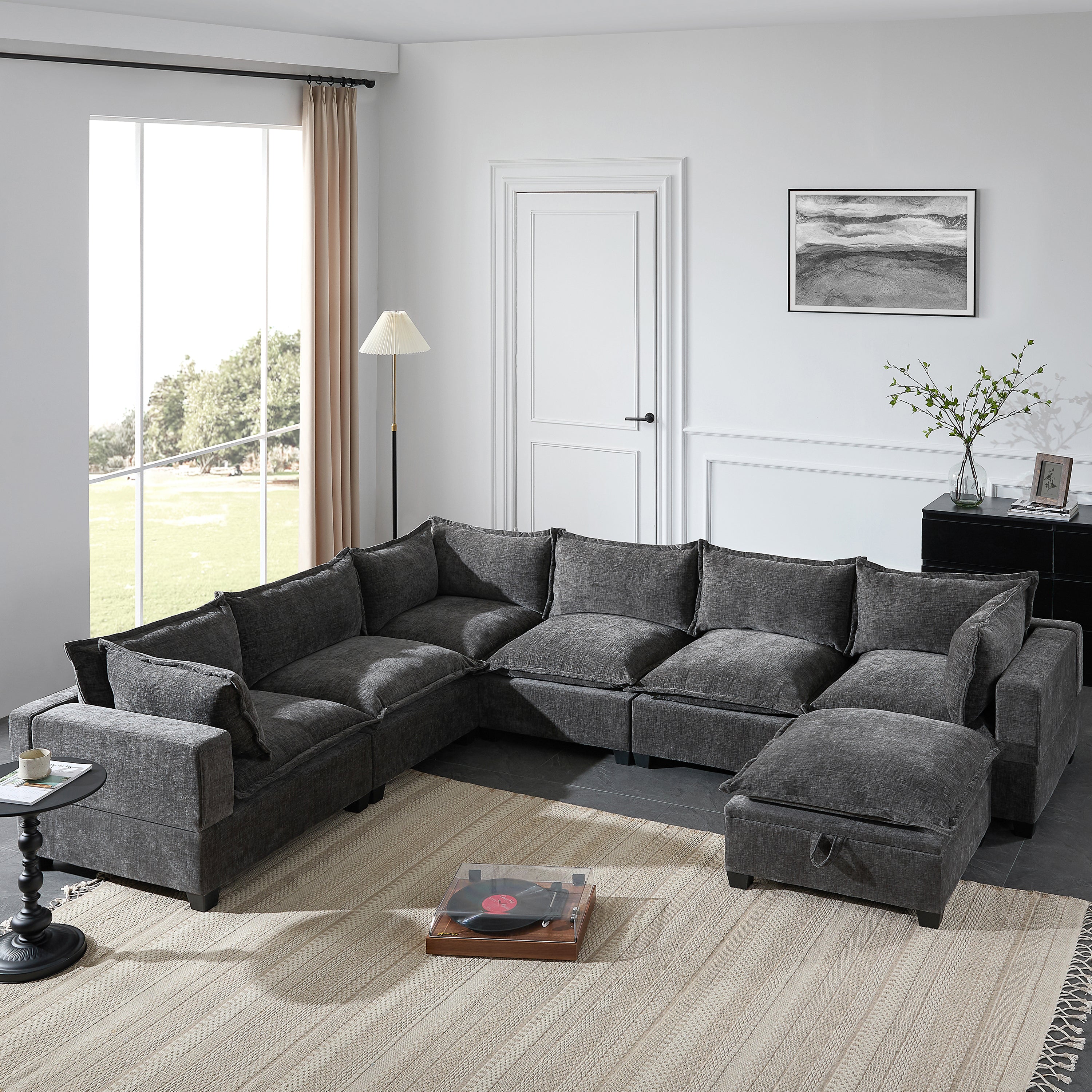 [VIDEO]117.5'' Modular Sectional Sofa with Movable Storage Ottoman, 7 Seat U Shaped Couch, Wide Seat & Free Combination, Oversized Chenille Sofa for Living Room & Apartment, 2 Colors - Grand Goldman Shop
