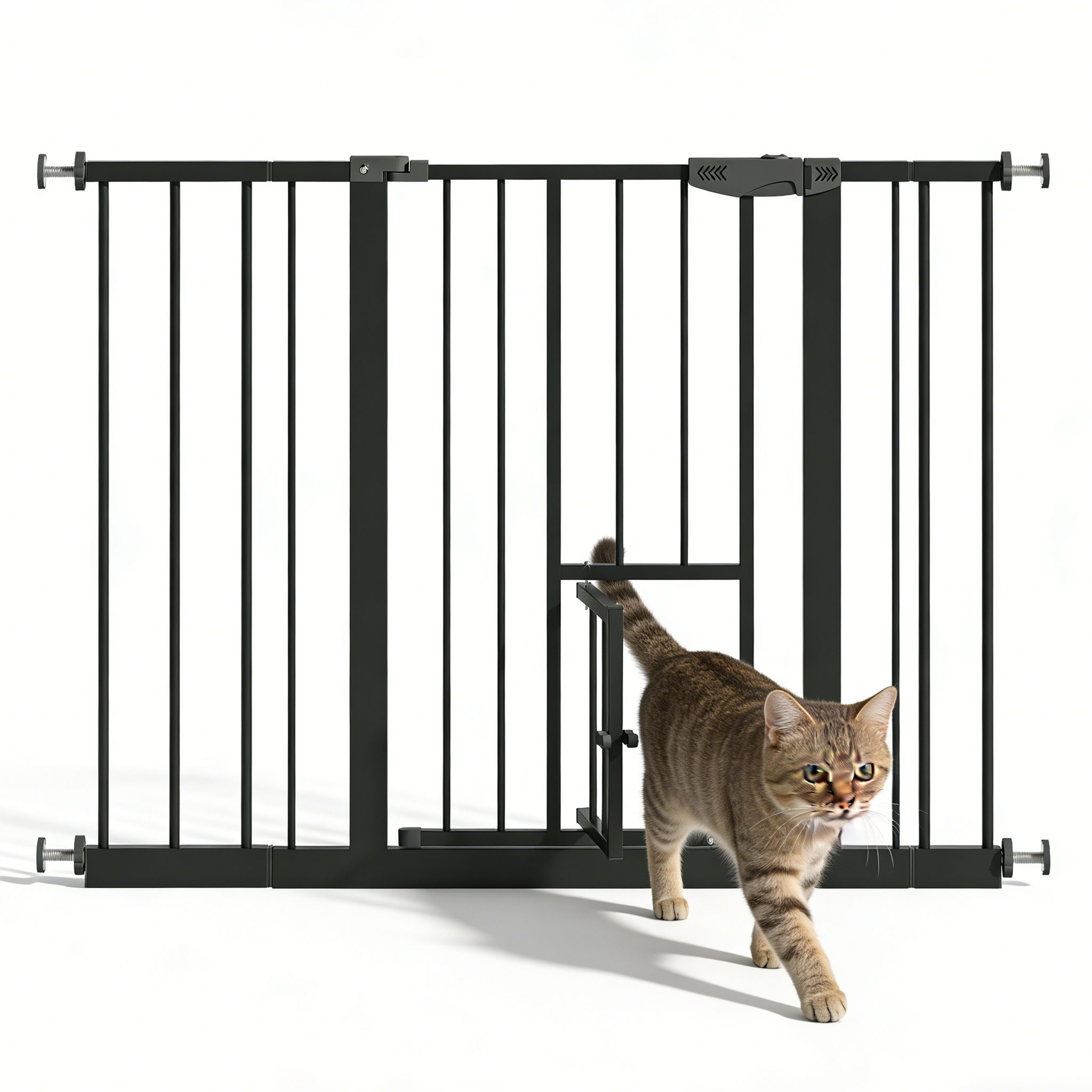Baby Gate with Cat Door, 29.5-44.1' Metal Pet Door for Stairs & Doorways,Pressure Mounted,No Tools Needed, Black - Grand Gold