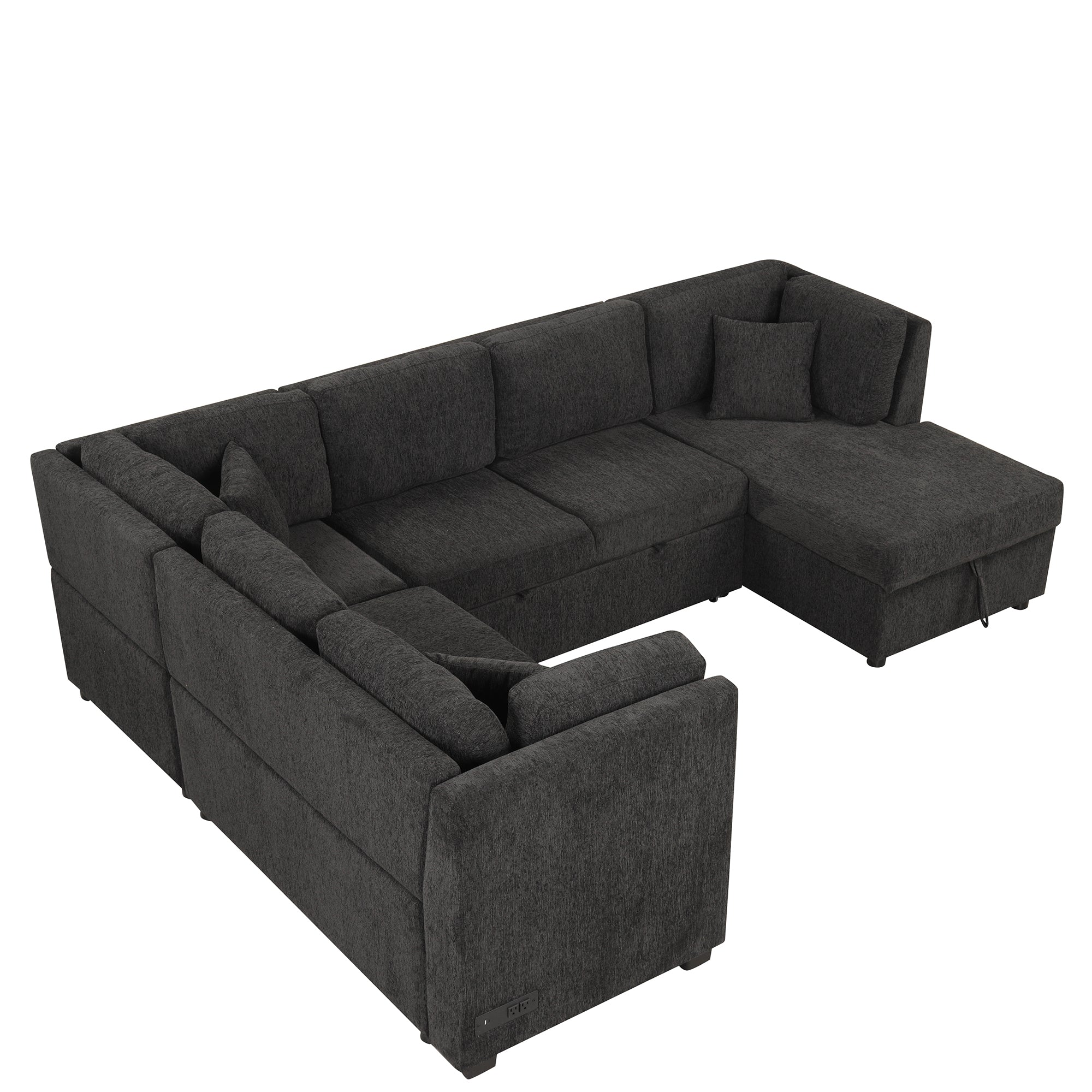 U-shaped Sectional Sofa Pull Out Bed with USB Ports, Power Sockets, Back Pillows & Storage Chaise, Black Chenille, 108.6' - Grand Goldman Shop