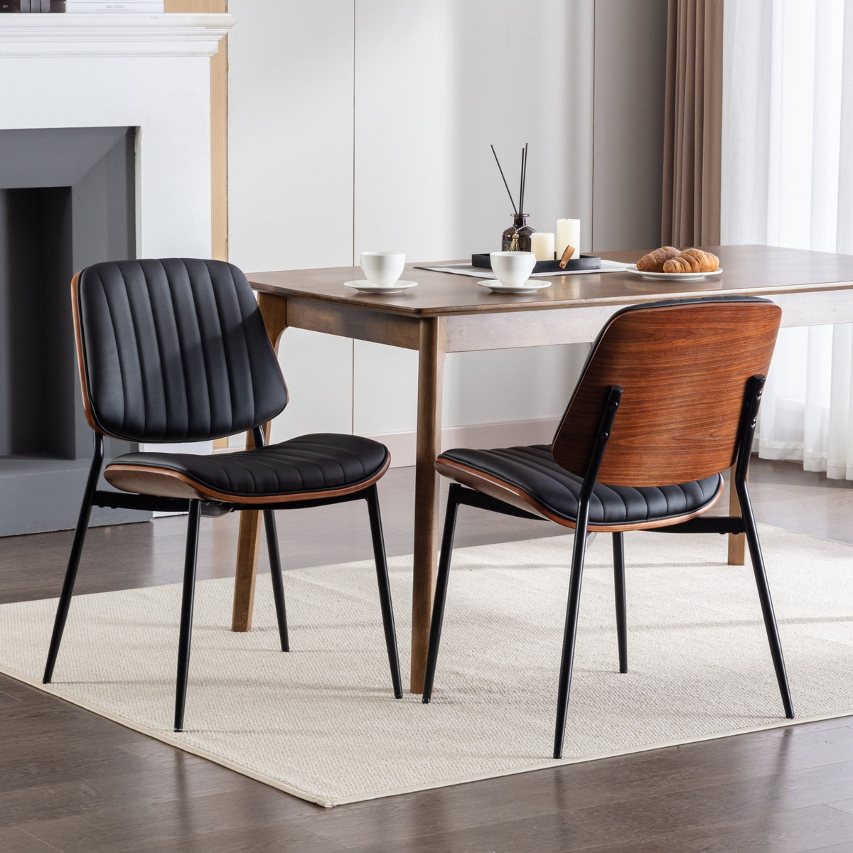 A&A Furniture, Dining Chairs Set of 2 Mid Century Modern Retro Faux Leather Chair with Walnut Bentwood Back Upholstered Seat Metal Legs Adjustable Foot for Kitchen Dining Room Chairs(Black PU) - Grand Goldman Shop