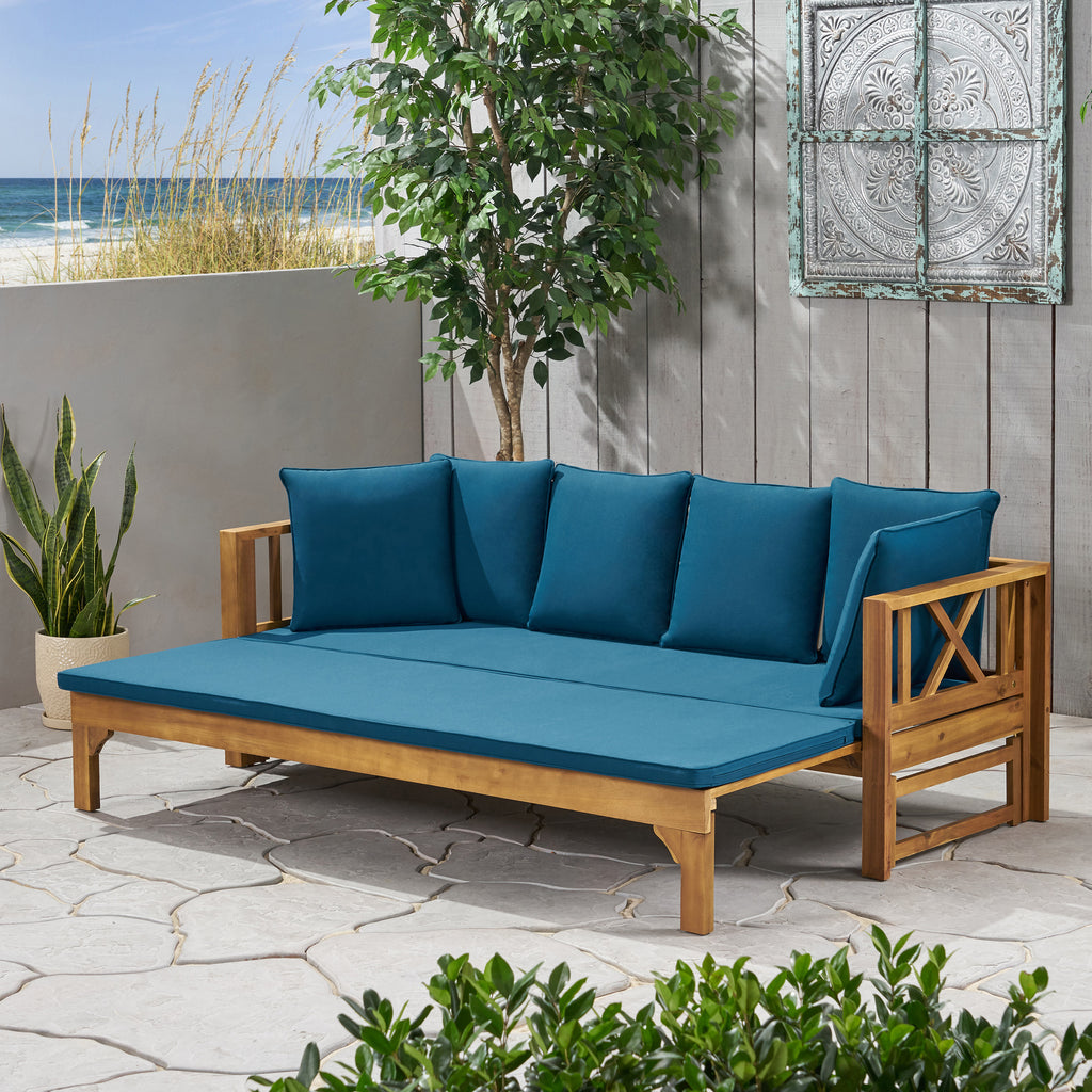 Outdoor Daybed with X-Shaped Panel Backrest and Armrests, Teak - Grand Goldman Shop