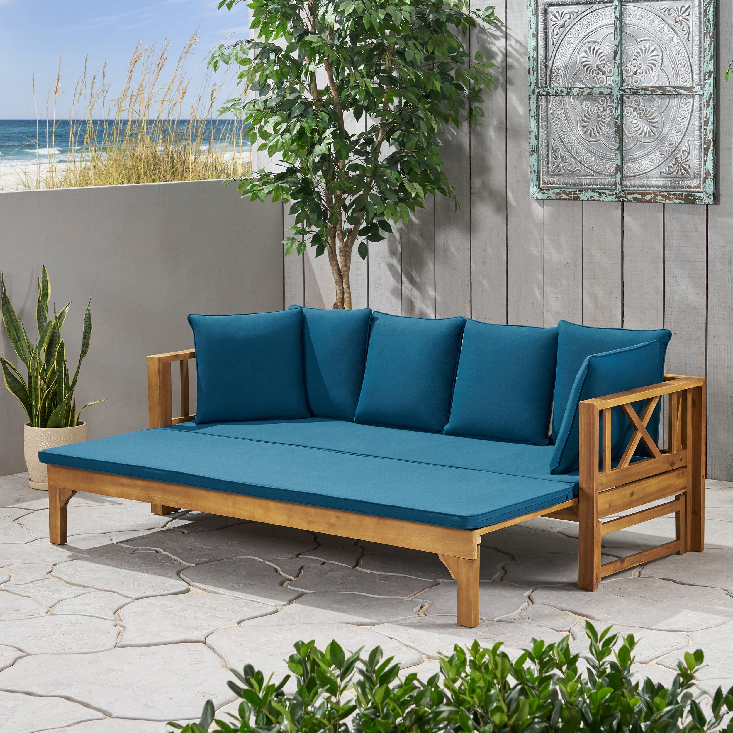 Outdoor Daybed with X-Shaped Panel Backrest and Armrests, Teak - Grand Goldman Shop