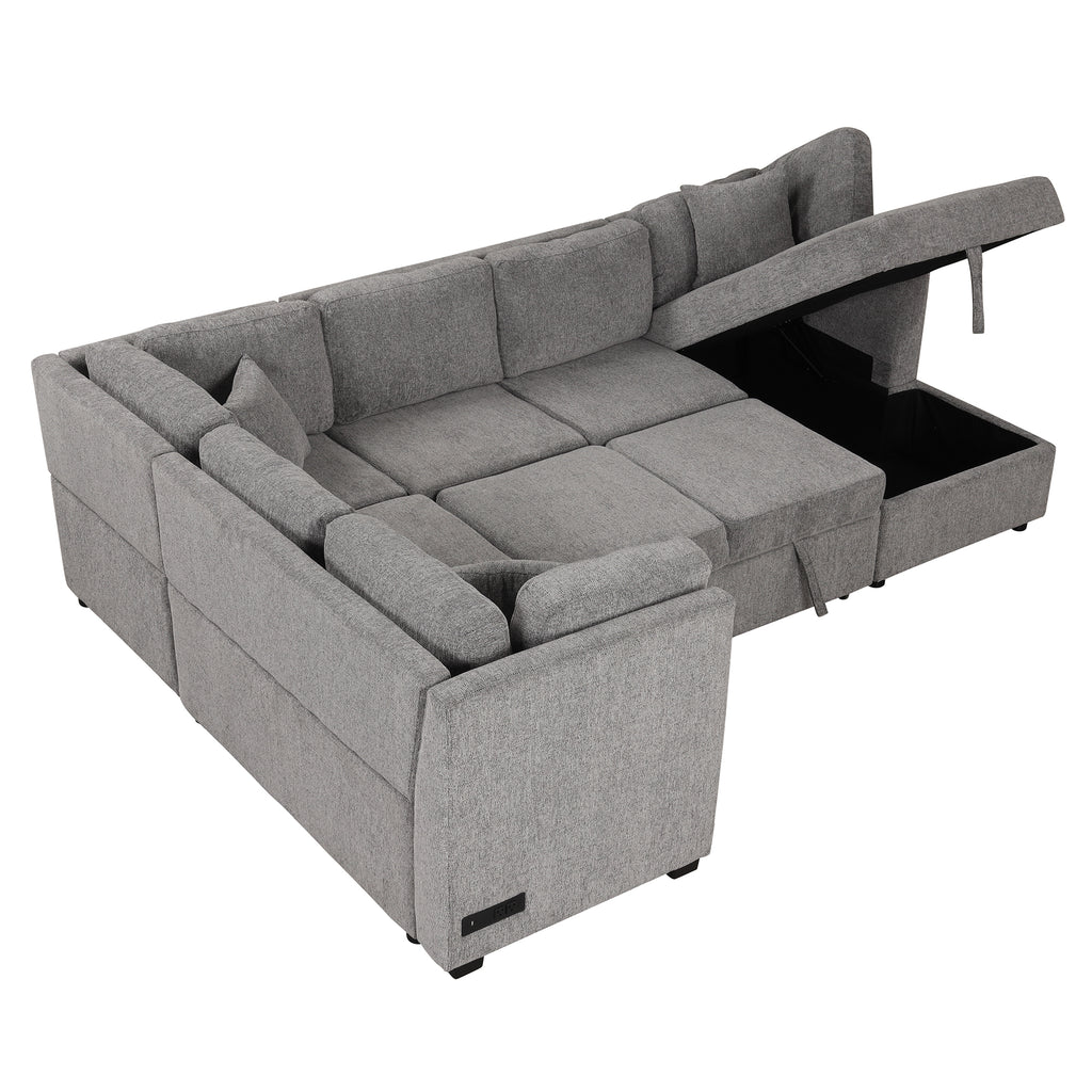 U-shaped Sectional Sofa Pull out Sofa Bed with USB Ports, Power Sockets, Storage Chaise, Light Gray Chenille, 108.6' - Grand Goldman Shop