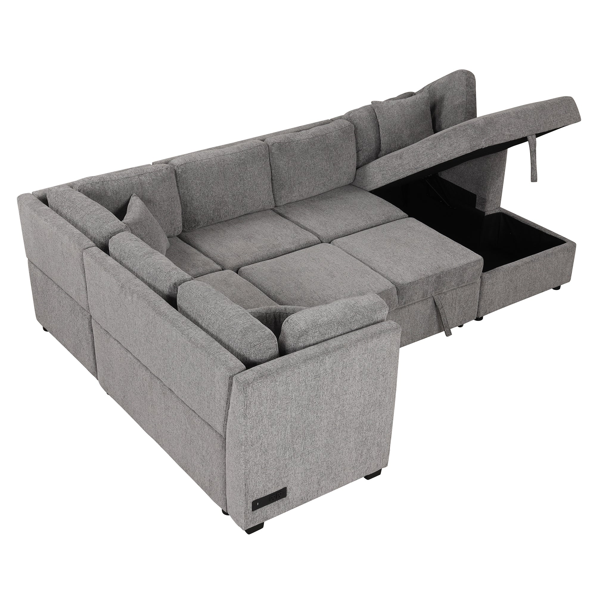 U-shaped Sectional Sofa Pull out Sofa Bed with USB Ports, Power Sockets, Storage Chaise, Light Gray Chenille, 108.6' - Grand Goldman Shop