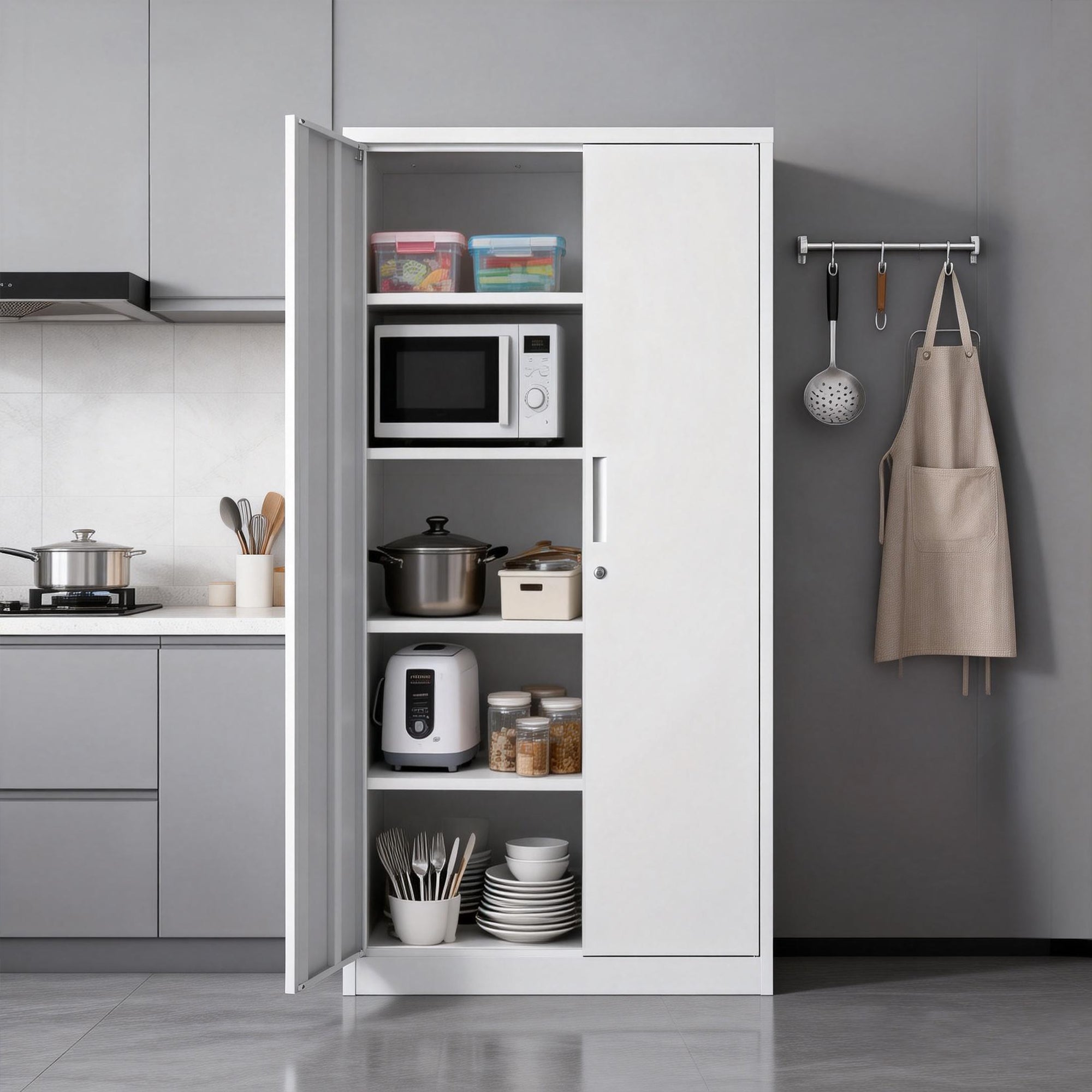 71'H Metal Garage Storage Cabinet, White Tool Steel Locking Cabinet with Doors and 4 Adjustable Shelves, Tall Cabinets for Ga