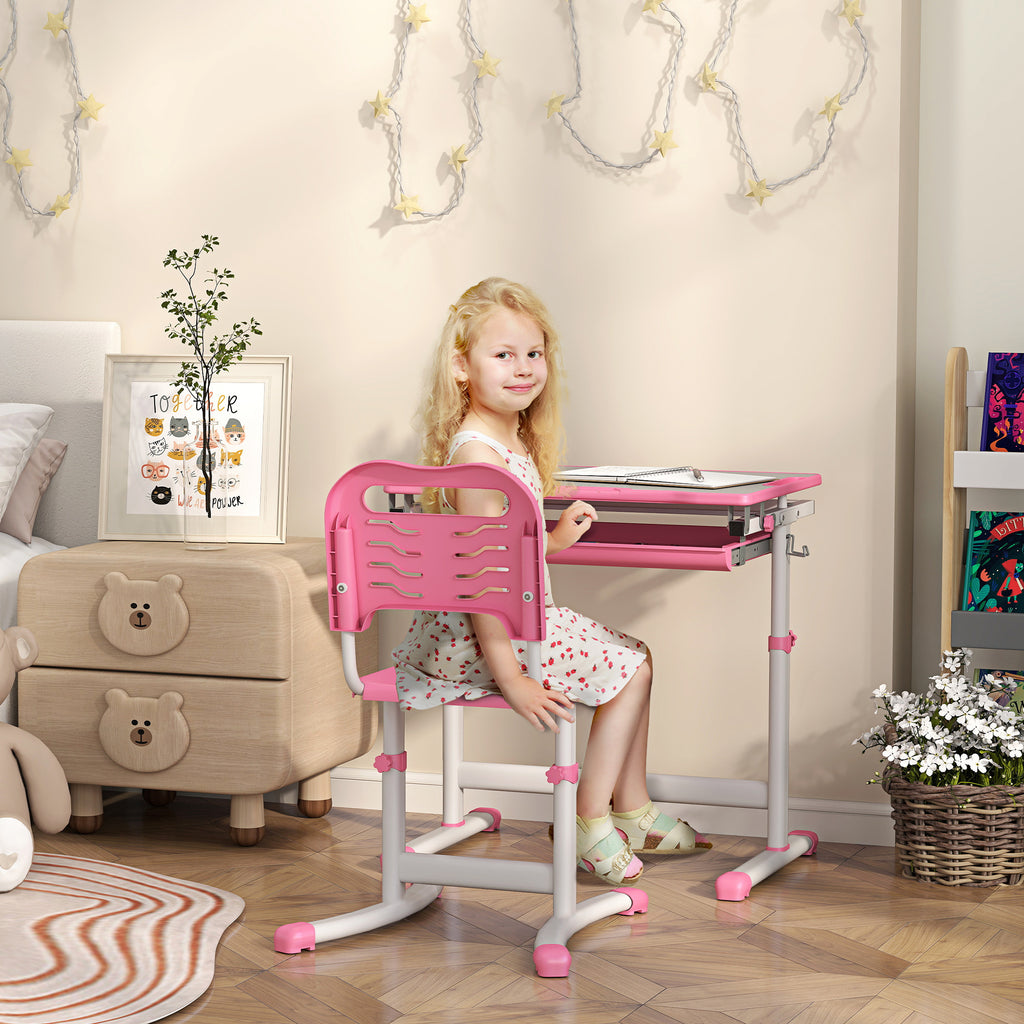 Qaba Kids Desk and Chairs Set, Height Adjustable Children School Study Desk with Tilt Desktop, Storage Drawer, Pen Slot, Hook