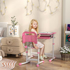 Qaba Kids Desk and Chairs Set, Height Adjustable Children School Study Desk with Tilt Desktop, Storage Drawer, Pen Slot, Hook