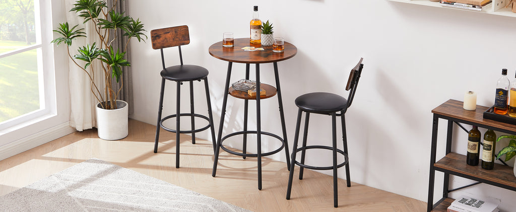 Round bar stool set with shelf, upholstered stool with backrest, Rustic Brown, 23.62'' W x 23.62'' D x 35.43'' H - Grand Goldman Shop