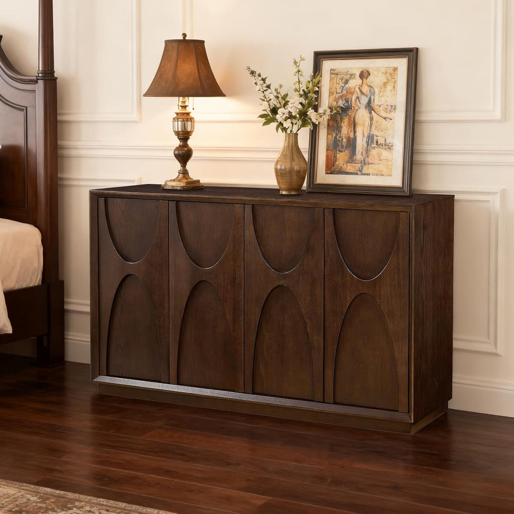 4 Door Accent Cabinet with Solid Wood Carved Doors, Adjustable Shelves, Push to Open Storage Cabinet with Cable Management, Ash Veneer Sideboard for Living Room, - Grand Goldman Shop