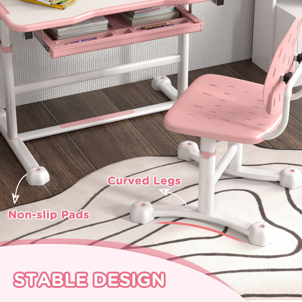 Qaba Kids Desk and Chair Set, Height Adjustable Kids School Study Desk and Chair Set with Tilt Desktop, Storage Drawer & Book