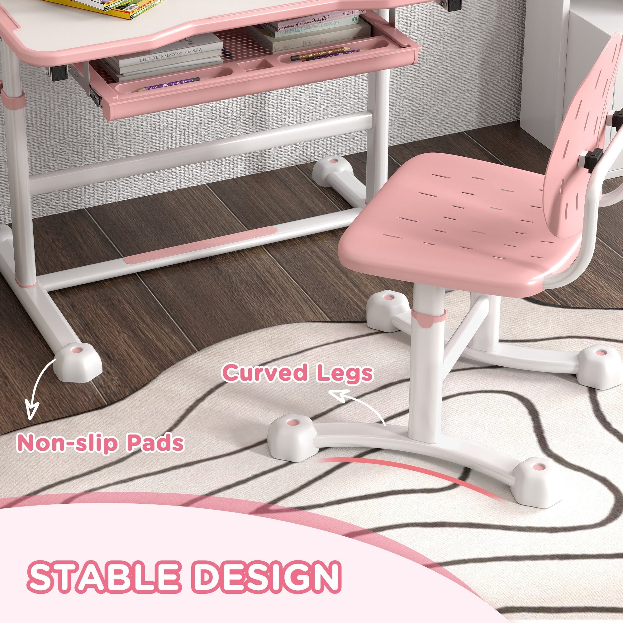 Qaba Kids Desk and Chair Set, Height Adjustable Kids School Study Desk and Chair Set with Tilt Desktop, Storage Drawer & Book