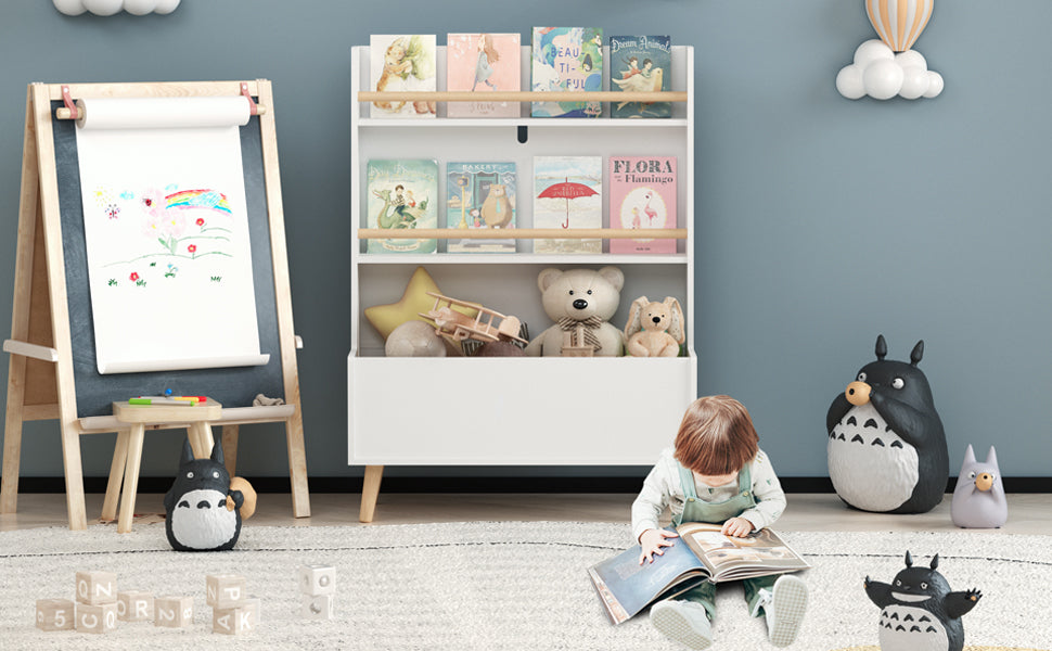 Kids Bookshelf White MDF and Pine Legs Book Organizer with Toy Storage, 26.77 x 12.60 x 36.61 inches - Grand Goldman
