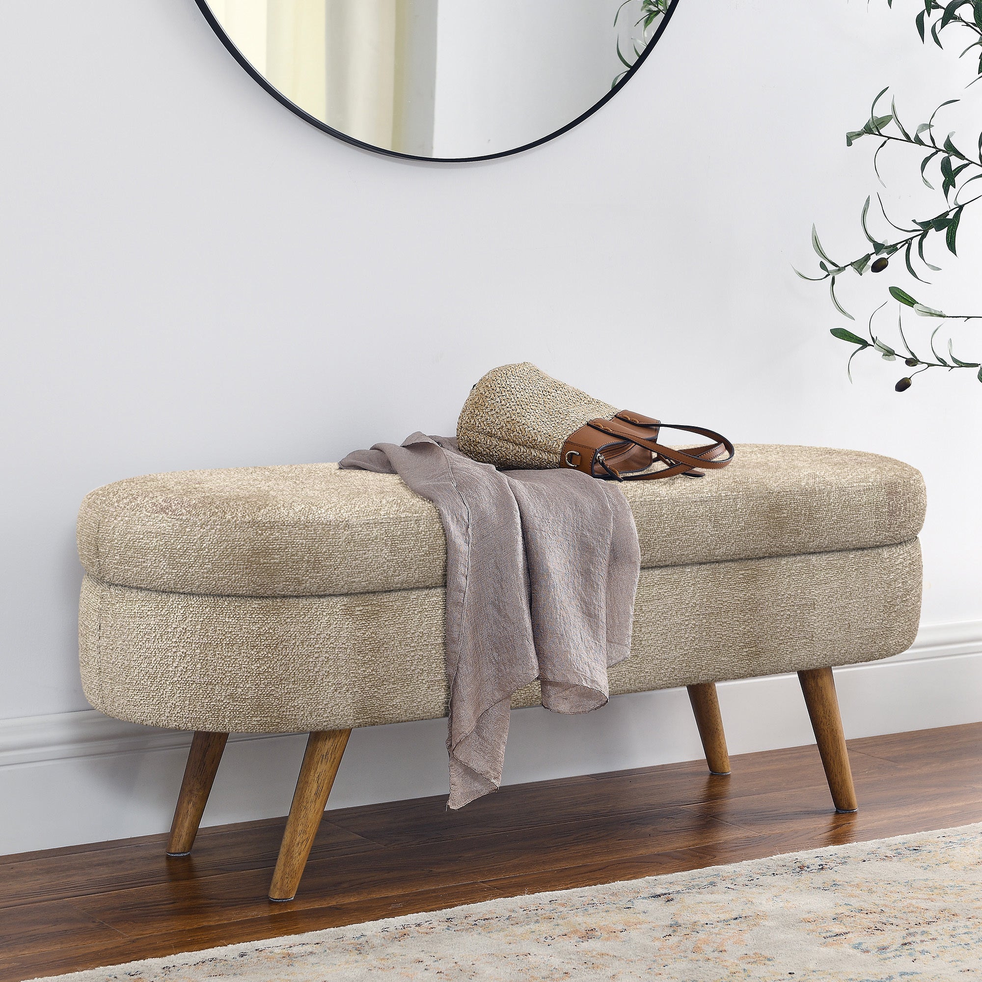 Ottoman Oval Storage Bench with Rubber Wood Legs, Gray Fabric, 43.5'x16'x16' - Grand Goldman Shop