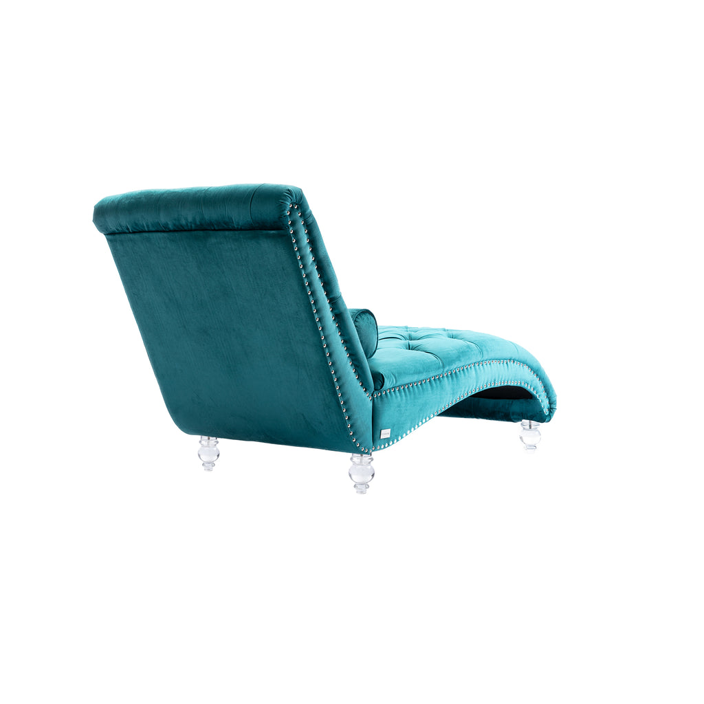 Velvet Chaise Lounge Indoor, Button-Tufted Upholstered Chaise Lounge Chair with Pillow, Teal Velvet, 63.38 inch - Grand Goldman Shop