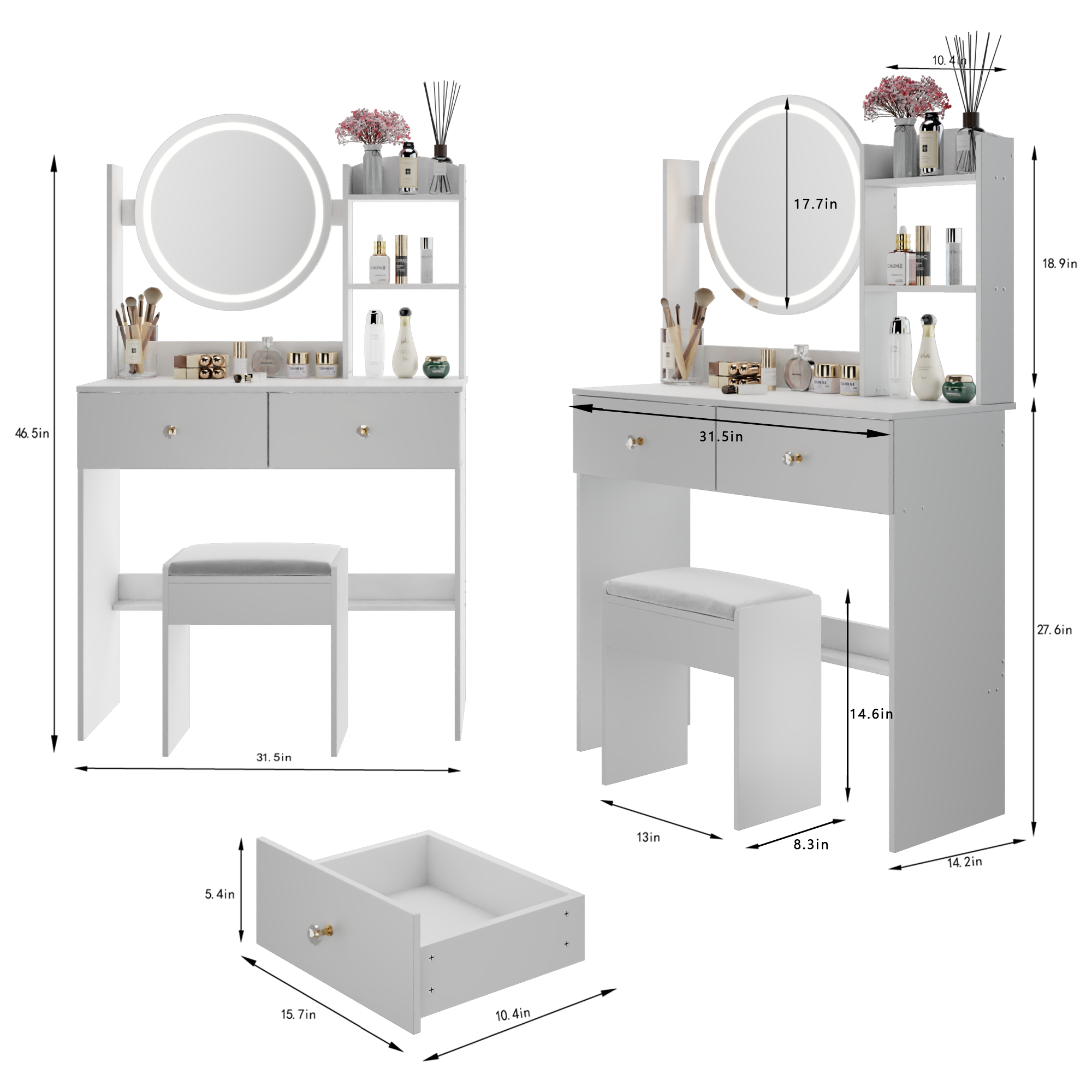 17' Round LED Mirror Vanity Table + Soft Cushion Stool Suit, Large Mirror, Touch Switch, 3 colors, Adjustable Brightness, Large Desktop, Multi-layer High Capacity Storage, Suitable For Small Space - Grand Goldman Shop