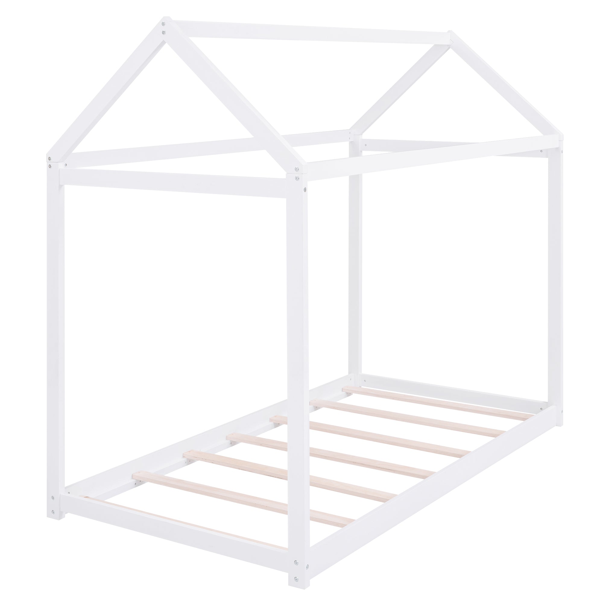 Twin Size Wooden House Bed in White with Pine Wood and MDF Construction, 78.3''L x 42.5''W x 70.3''H - Grand Goldman Shop