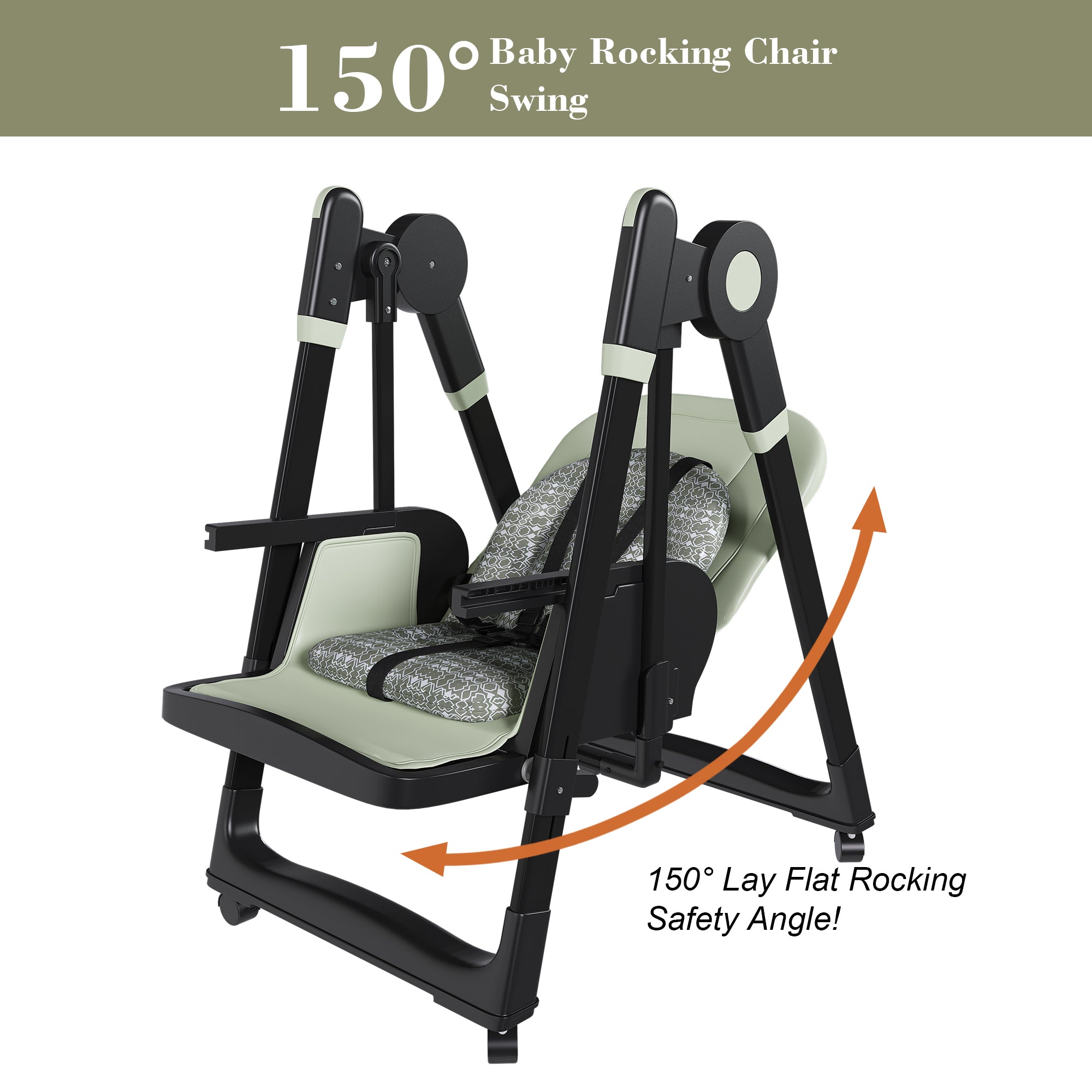 Convertible Baby High Chair to Rocker with 5-Point Harness, Foldable Infant Feeding Chair in Dark Green with Removable 2-Tier