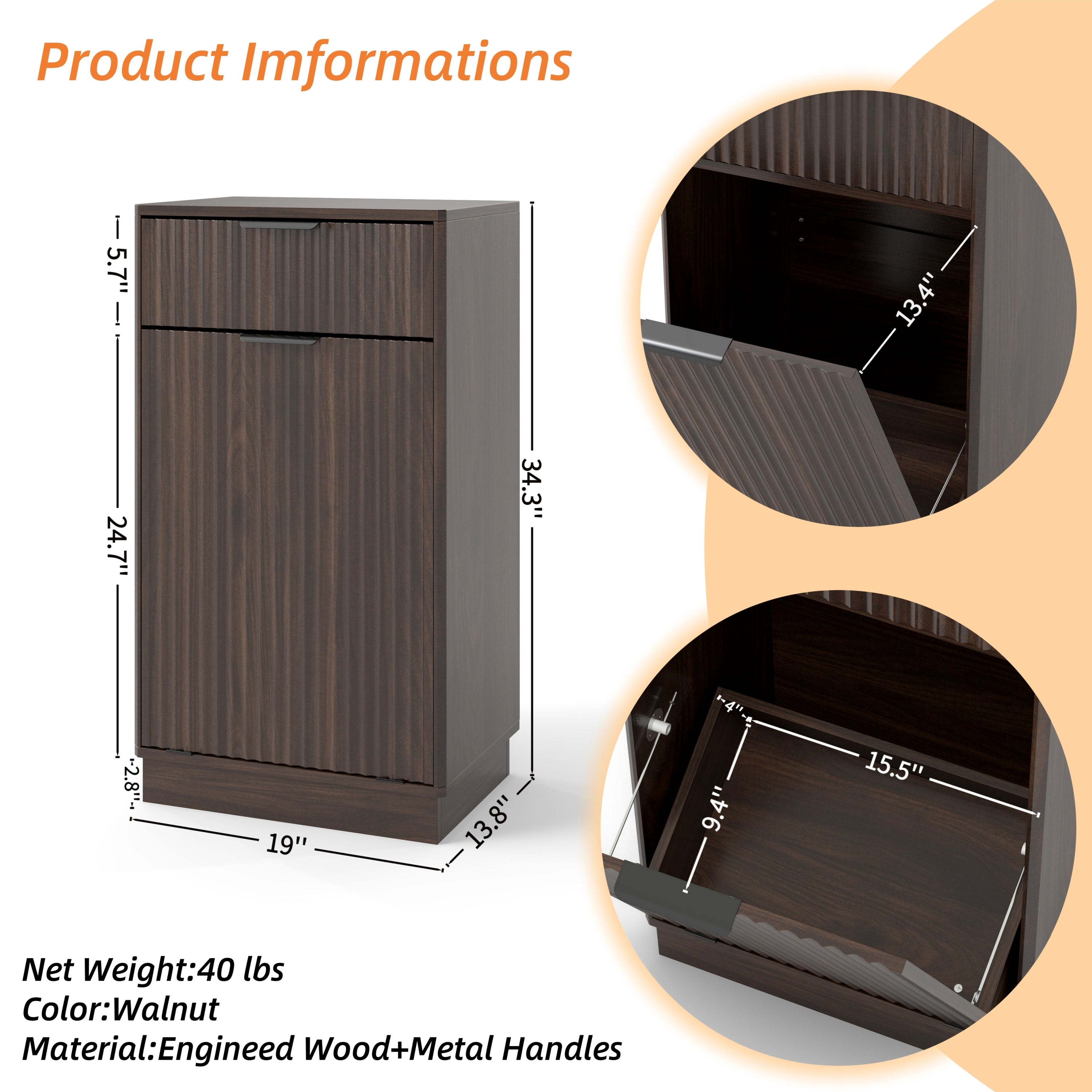 Woodgrain Tilt-Out Trash Can Cabinet with Wave-Textured Drawer & Pull-Out Bin in Walnut Finish - Grand Goldman Shop