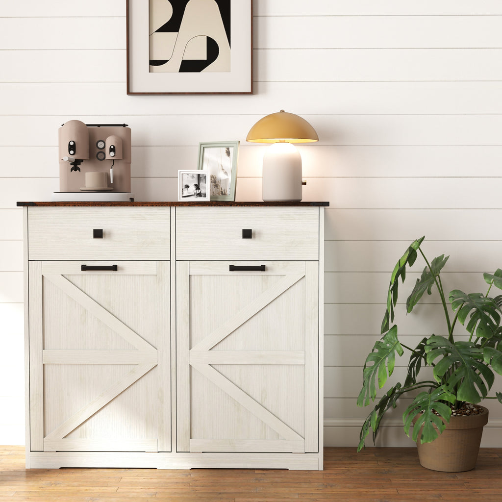 Farmhouse Barn Door Style Double Tilt Out Trash Cabinet for 20 Gallon Cans with Free Standing Recycling and Laundry Storage, Antique White & Brown Woodgrain - Grand Goldman Shop
