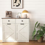 Farmhouse Barn Door Style Double Tilt Out Trash Cabinet for 20 Gallon Cans with Free Standing Recycling and Laundry Storage, Antique White & Brown Woodgrain - Grand Goldman Shop