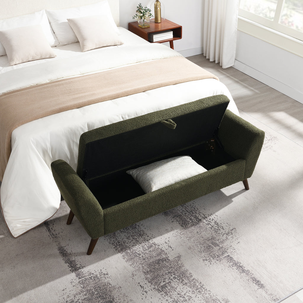 Modern Storage Bench with Mid-Century Wood Legs, 60'' Olive Green Teddy Fabric Upholstered Bench with Storage for Living Room & Bedroom - Grand Goldman Shop