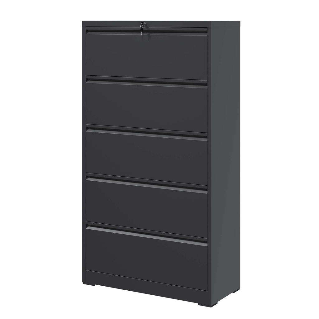 5 Drawer Metal Lateral File Cabinet , Black Filing Cabinet with Lock, Lockable File Cabinet for Home Office, Locking Metal Fi