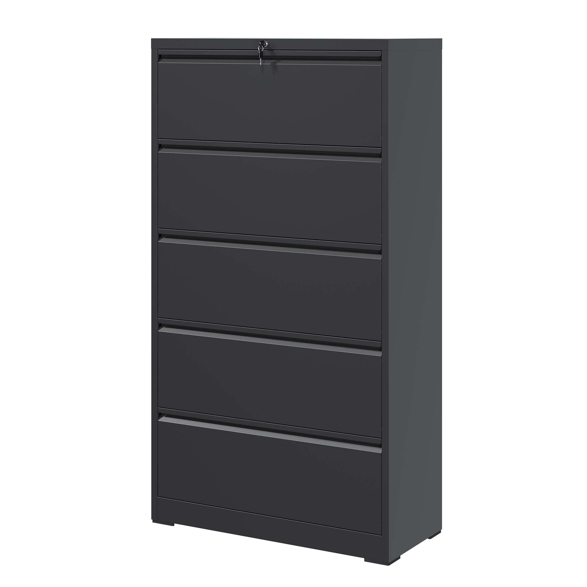 5 Drawer Metal Lateral File Cabinet , Black Filing Cabinet with Lock, Lockable File Cabinet for Home Office, Locking Metal Fi