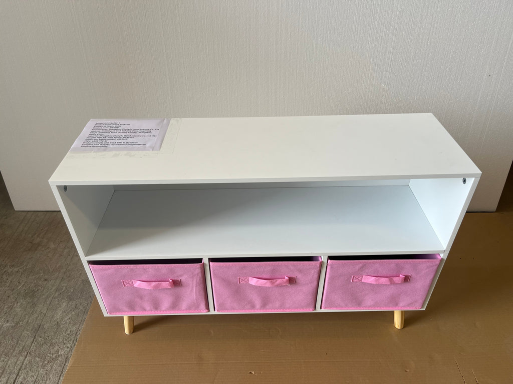 Modern Kids Bookcase with Collapsible Fabric Drawers, Children's Book Display & Toy Storage, White/Pink MDF & Pine Legs | Pre