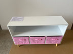 Modern Kids Bookcase with Collapsible Fabric Drawers, Children's Book Display & Toy Storage, White/Pink MDF & Pine Legs | Pre