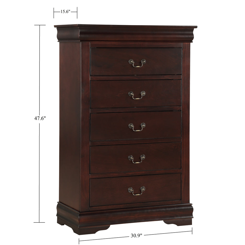 Contemporary Louis Philip Cherry Finish Chest with Five Drawers Solid Wood Ample Storage - Grand Goldman Shop