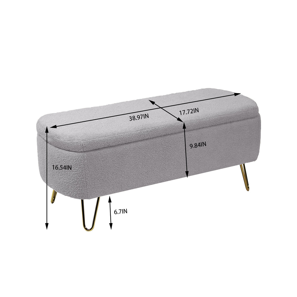Grey Storage Ottoman Bench for End of Bed Gold Legs, Modern Grey Faux Fur Entryway Bench Upholstered Padded with Storage for Living Room Bedroom - Grand Goldman Shop