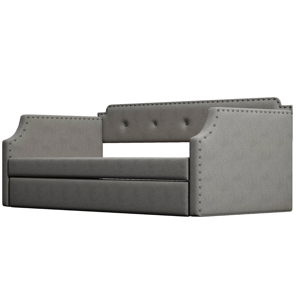 Gray Upholstered Daybed with Trundle, Twin, Wood Slat Support, Linen Fabric Frame Sofa Bed - Grand Goldman Shop