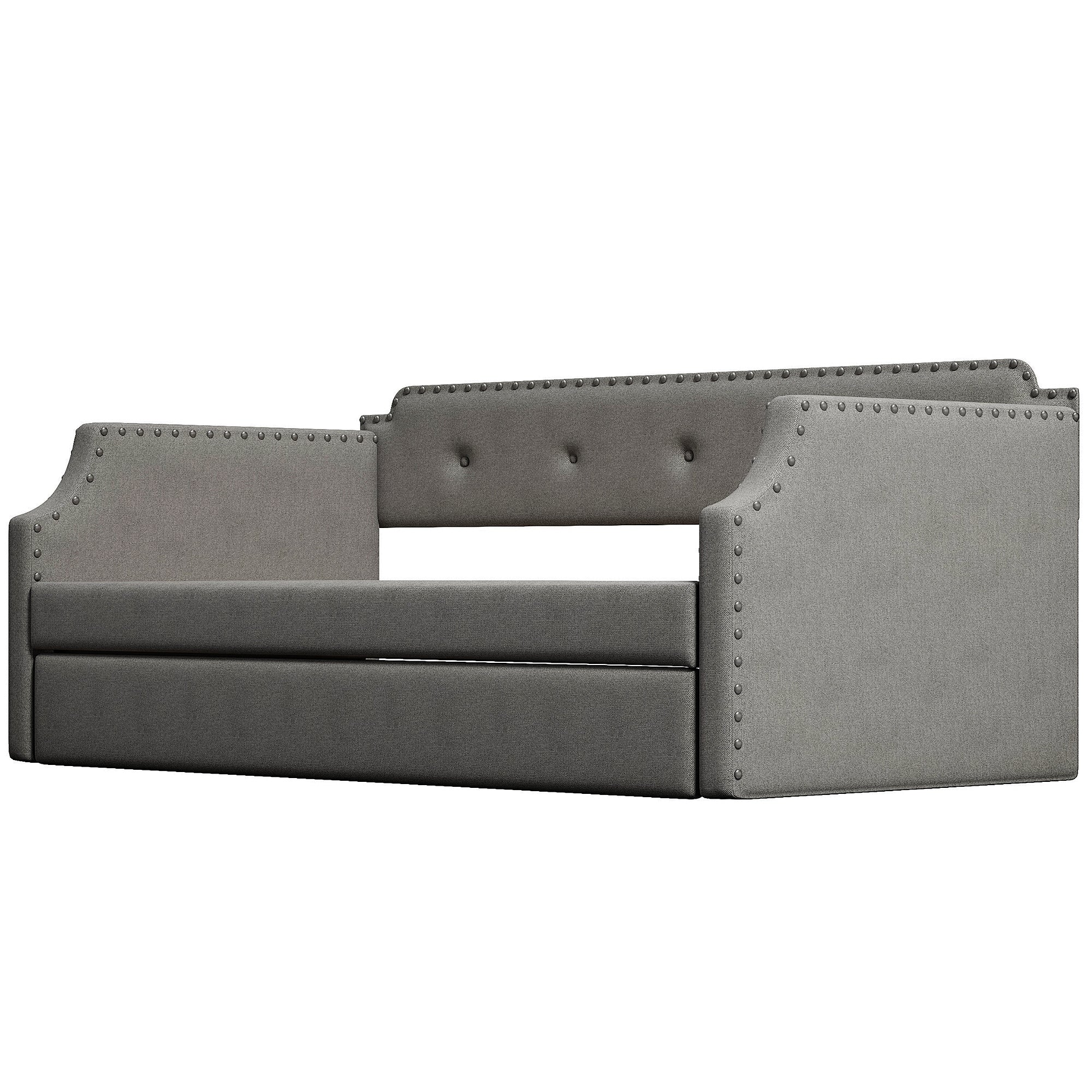 Gray Upholstered Daybed with Trundle, Twin, Wood Slat Support, Linen Fabric Frame Sofa Bed - Grand Goldman Shop