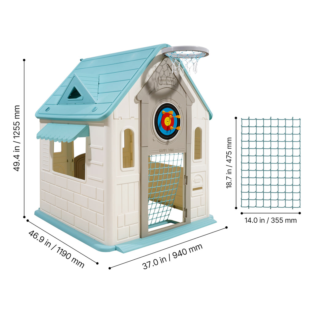 Outdoor Playhouse, 5-In-1 Cottage Play House with Pretend Play, Basketball, Darts, Soccer, Ring Toss, Window & Convenient Doo