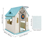 Outdoor Playhouse, 5-In-1 Cottage Play House with Pretend Play, Basketball, Darts, Soccer, Ring Toss, Window & Convenient Doo
