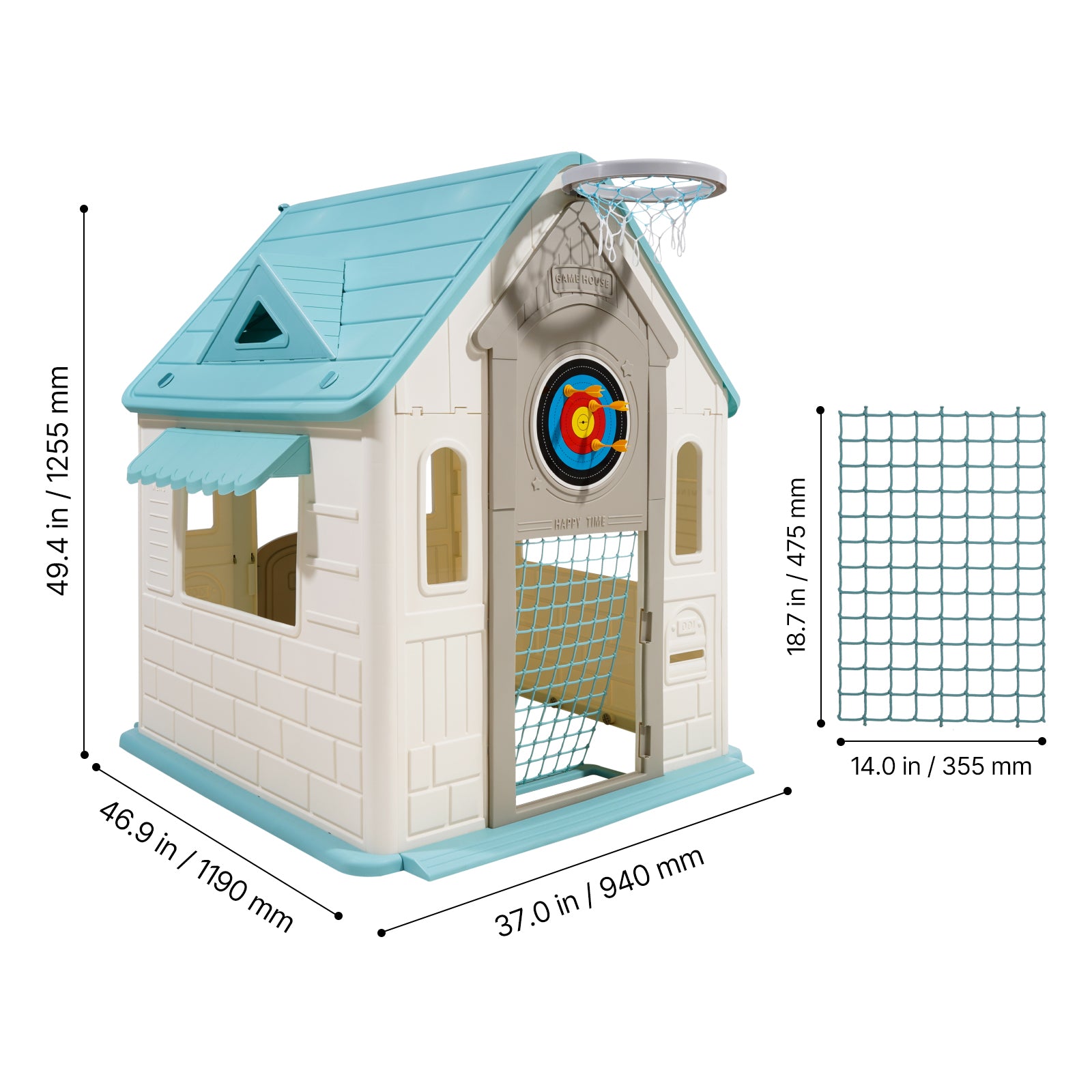 Outdoor Playhouse, 5-In-1 Cottage Play House with Pretend Play, Basketball, Darts, Soccer, Ring Toss, Window & Convenient Doo