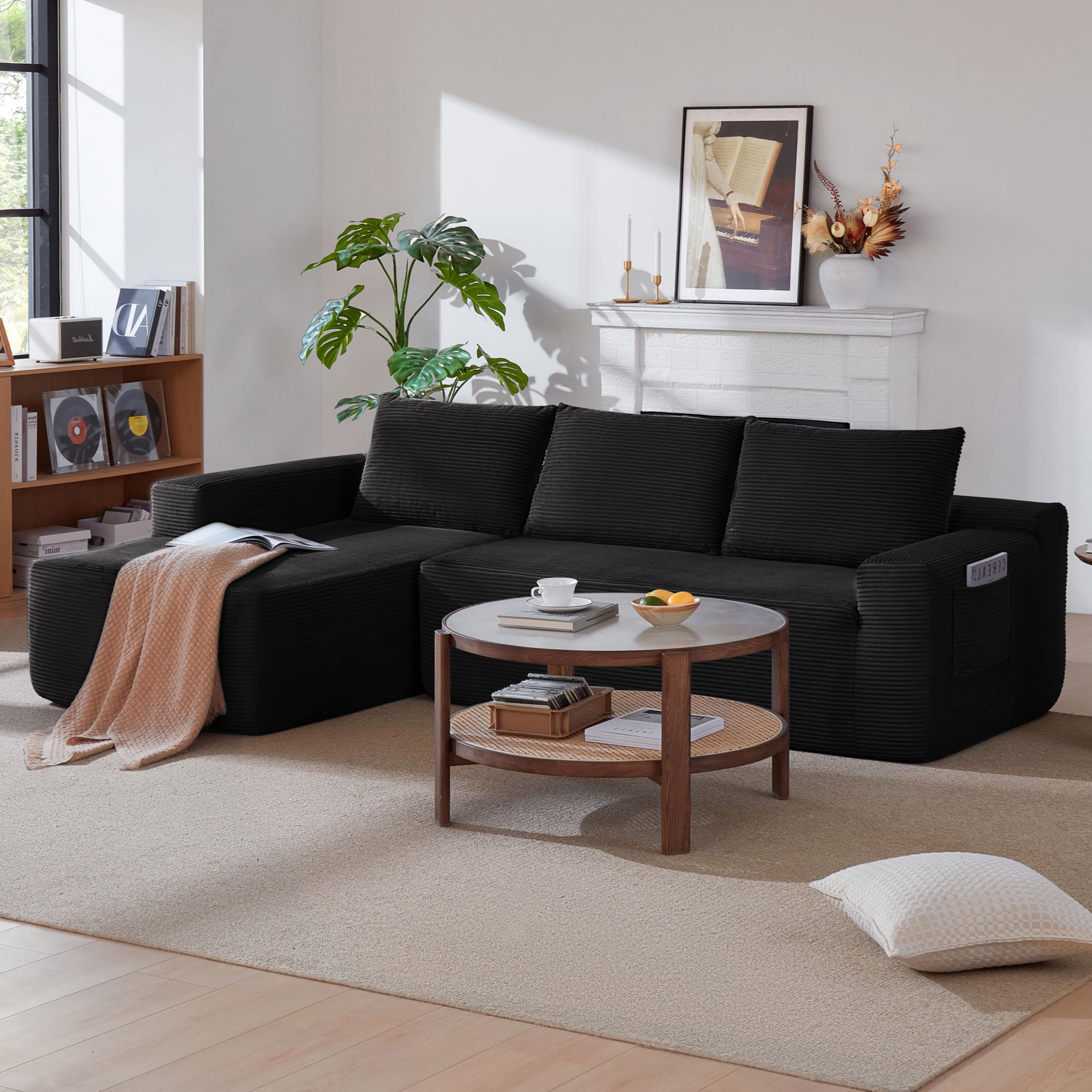 96.9' Cloud Sectional Couch with L-Shape Chaise,Modern Modular Sofa with Deep Seat, Upholstered Couches for Living Room Bedroom,No Assembly Required, (Corduroy Fabric),Black - Grand Goldman Shop