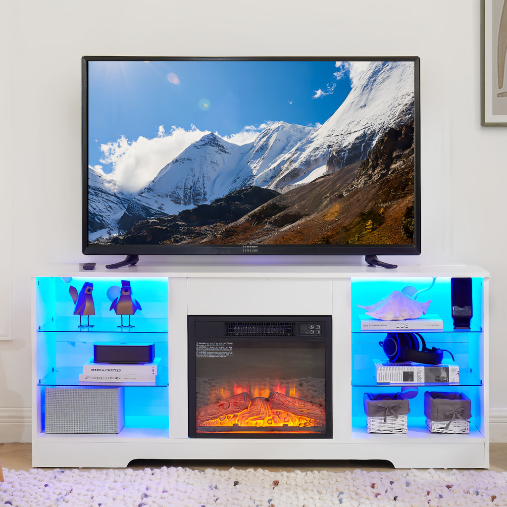 TV Stand Electric Fireplace  Glass Shelves, 3D Fireplace TV Stand with LED Lights Wood with USB Charging Outlet Modern Television Table Center for TV up to 62' White, 58''W*15.4''D*24.6 - Grand Goldman Shop