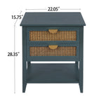 2-Drawer Side Table - Natural Rattan - End Table - Suitable for Bedroom, Living Room, or Study - Green MDF - Grand Goldman Shop
