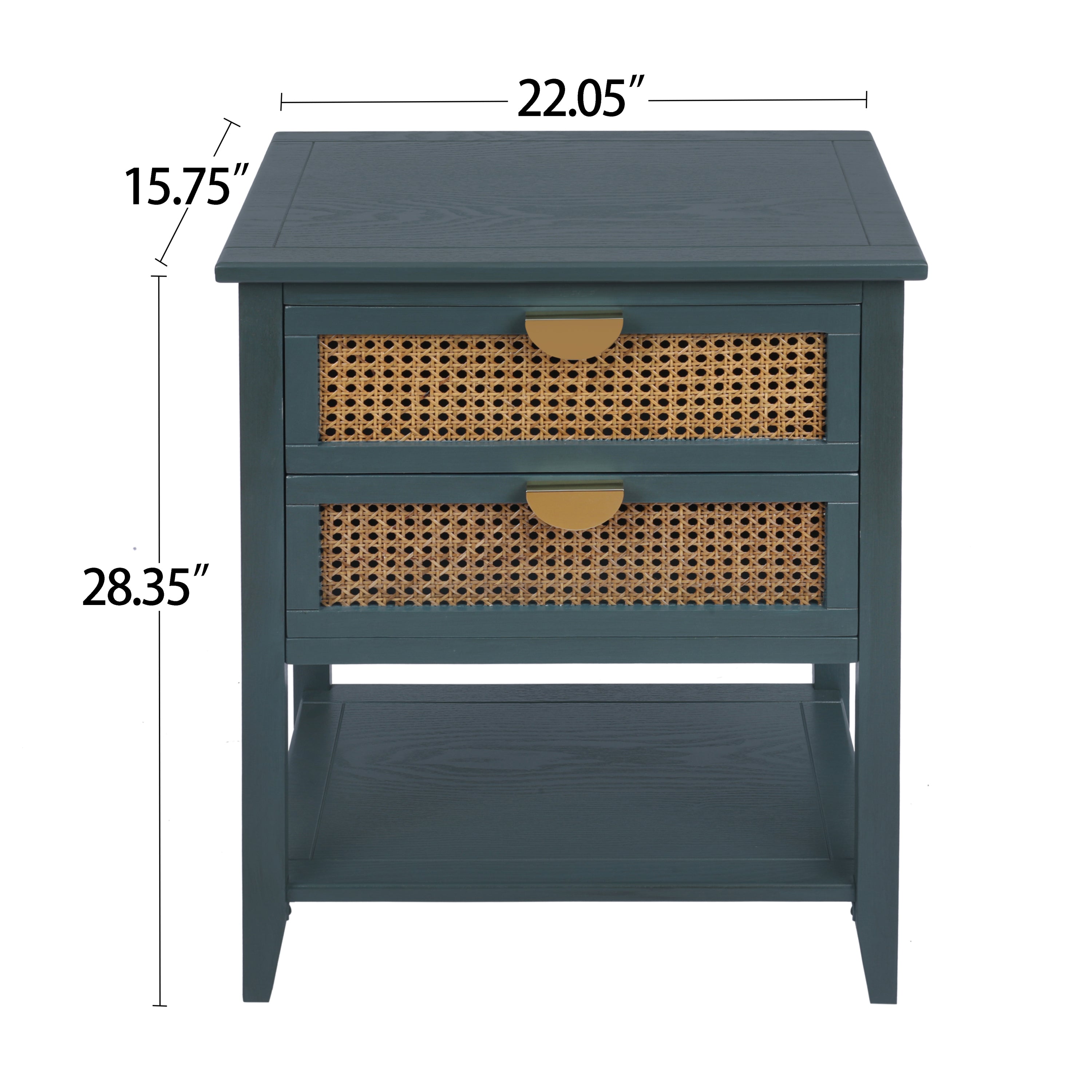 2-Drawer Side Table - Natural Rattan - End Table - Suitable for Bedroom, Living Room, or Study - Green MDF - Grand Goldman Shop